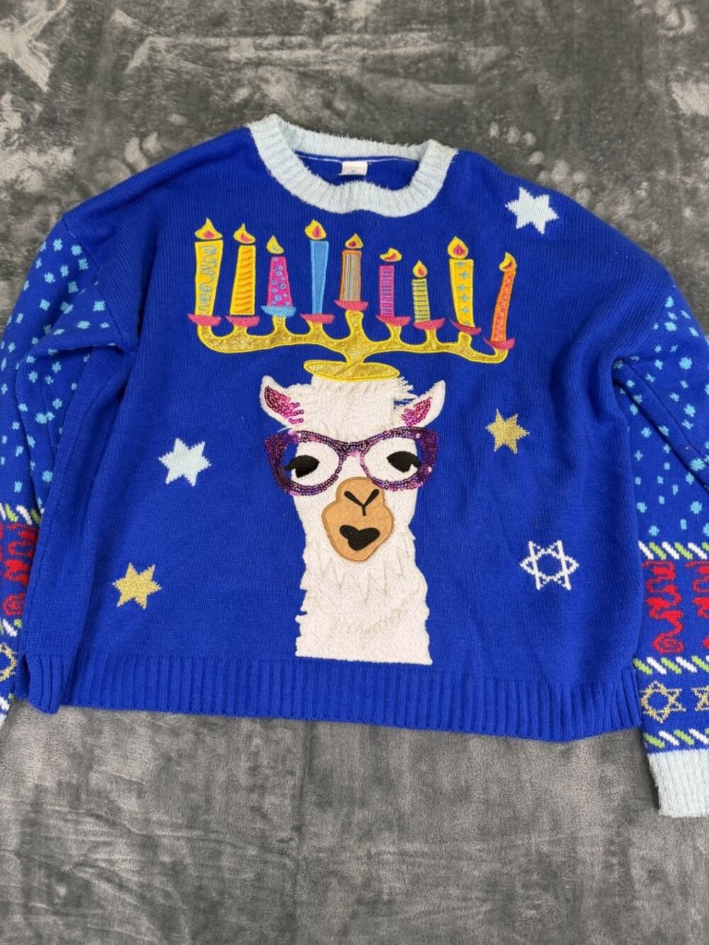 Celebrate Hanukkah Llama Menorah & Sequins Blue Ugly Sweater XXL